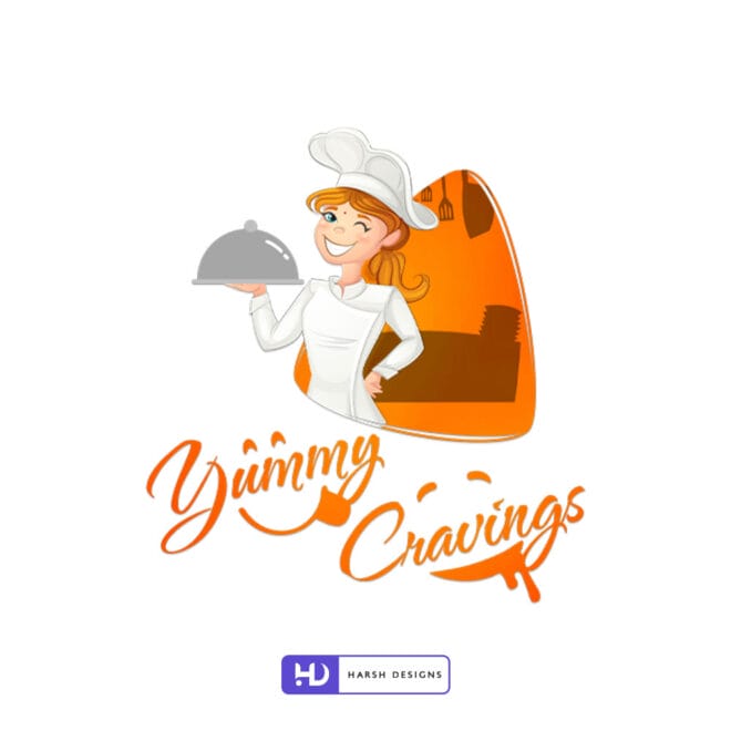 Yummy Cravings mascot craving logo design with kitchen and cook illustration for food and restaurant branding created by Harsh Designs graphic designer service (2)